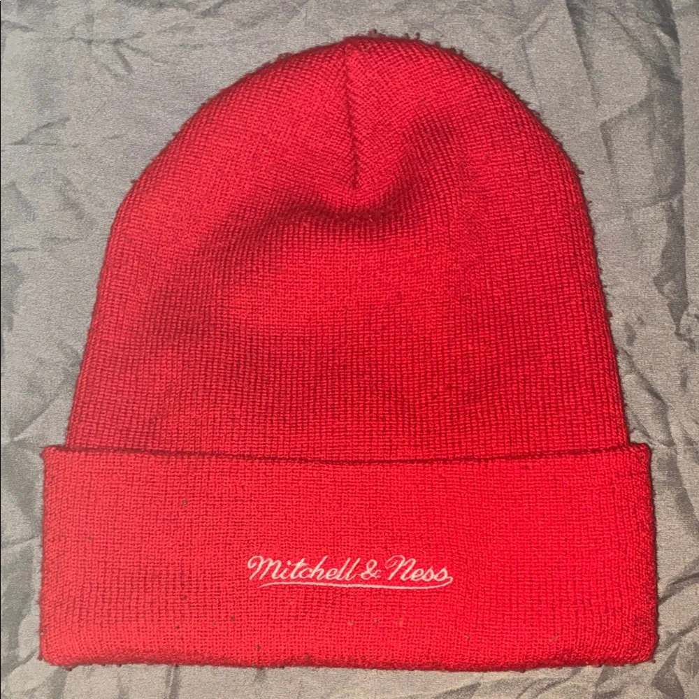 Mitchell & Ness Red Cuffed Beanie with White Script - Picture 2 of 3